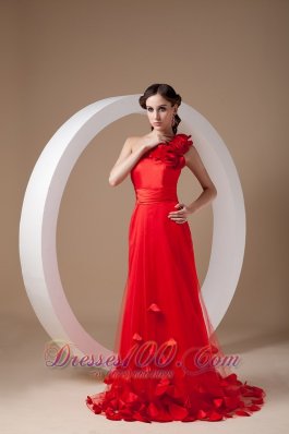 One Shoulder Hand Made Flowers Red Prom Evening Dress