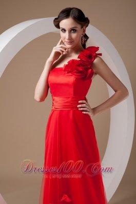 One Shoulder Hand Made Flowers Red Prom Evening Dress