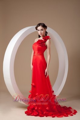 One Shoulder Hand Made Flowers Red Prom Evening Dress