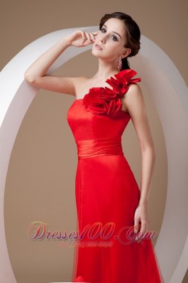 One Shoulder Hand Made Flowers Red Prom Evening Dress