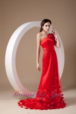 One Shoulder Hand Made Flowers Red Prom Evening Dress