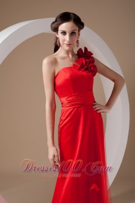 One Shoulder Hand Made Flowers Red Prom Evening Dress