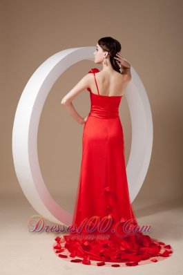 One Shoulder Hand Made Flowers Red Prom Evening Dress