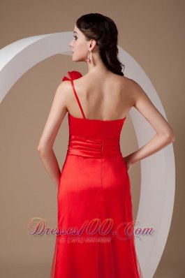 One Shoulder Hand Made Flowers Red Prom Evening Dress