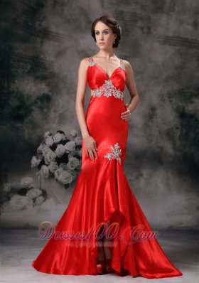 Appliques Straps High-low Red Evening Dress for Prom