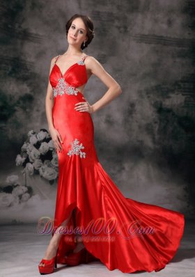 Appliques Straps High-low Red Evening Dress for Prom