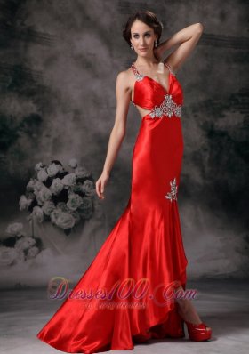 Appliques Straps High-low Red Evening Dress for Prom