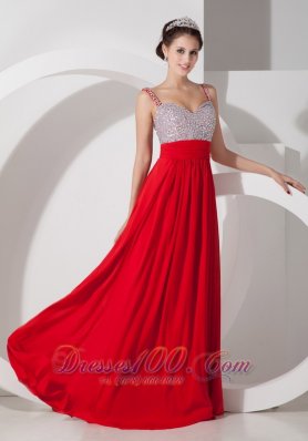 Red Straps Beading Prom Evening Dress Chiffon Ruched