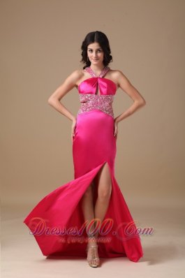 Coral Red V Neck Beading Prom Party Dress Brush Train
