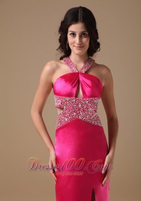 Coral Red V Neck Beading Prom Party Dress Brush Train