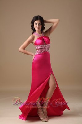 Coral Red V Neck Beading Prom Party Dress Brush Train