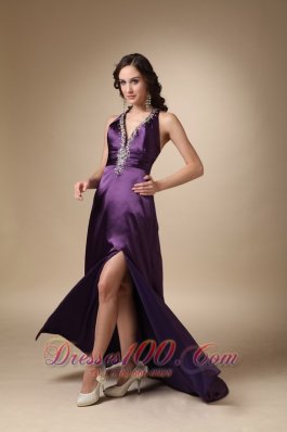 Beading V Neck Eggplant Puprle Prom Evening Dress