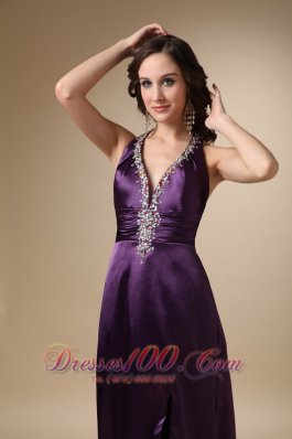 Beading V Neck Eggplant Puprle Prom Evening Dress