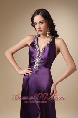 Beading V Neck Eggplant Puprle Prom Evening Dress