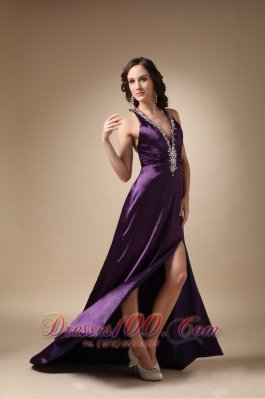 Beading V Neck Eggplant Puprle Prom Evening Dress