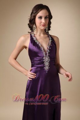 Beading V Neck Eggplant Puprle Prom Evening Dress