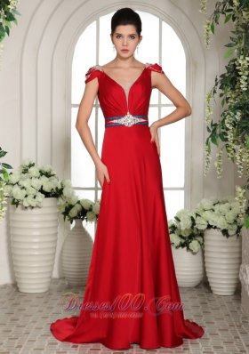 V Neck Cap Sleeves Wine Red Beading Evening Gowns Train