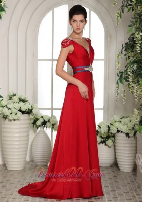 V Neck Cap Sleeves Wine Red Beading Evening Gowns Train