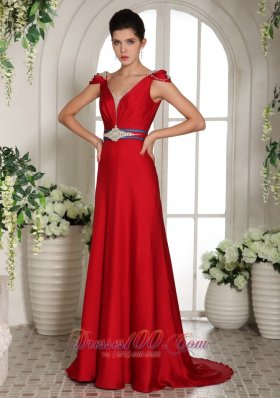 V Neck Cap Sleeves Wine Red Beading Evening Gowns Train