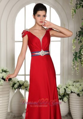 V Neck Cap Sleeves Wine Red Beading Evening Gowns Train