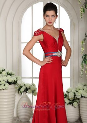 V Neck Cap Sleeves Wine Red Beading Evening Gowns Train