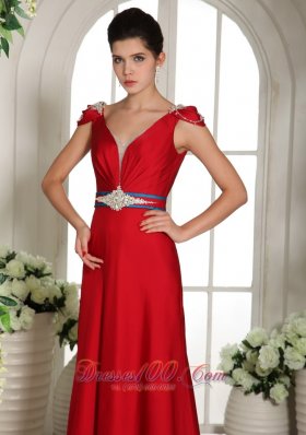 V Neck Cap Sleeves Wine Red Beading Evening Gowns Train