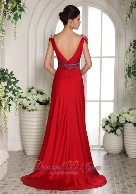 V Neck Cap Sleeves Wine Red Beading Evening Gowns Train