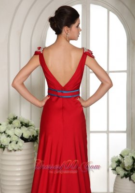 V Neck Cap Sleeves Wine Red Beading Evening Gowns Train