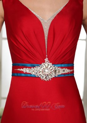 V Neck Cap Sleeves Wine Red Beading Evening Gowns Train