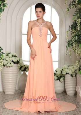 Baby Pink Beaded Straps Ruch Prom Dress Court Train