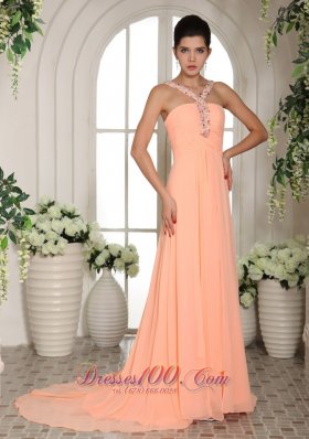 Baby Pink Beaded Straps Ruch Prom Dress Court Train