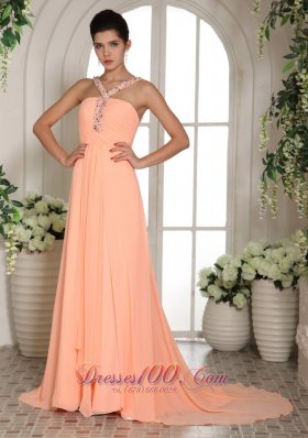 Baby Pink Beaded Straps Ruch Prom Dress Court Train