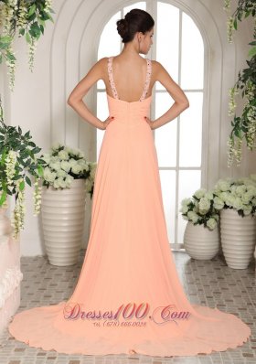 Baby Pink Beaded Straps Ruch Prom Dress Court Train