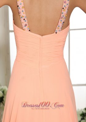 Baby Pink Beaded Straps Ruch Prom Dress Court Train