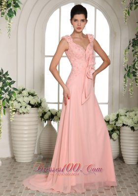 Hand Made Flowers Straps Baby Pink Prom Evening Gowns