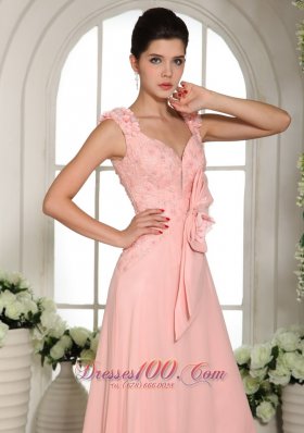 Hand Made Flowers Straps Baby Pink Prom Evening Gowns