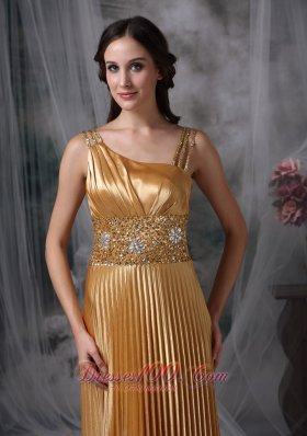 Gold Pleats Celebrity Evening Dress Beading Straps