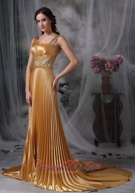 Gold Pleats Celebrity Evening Dress Beading Straps
