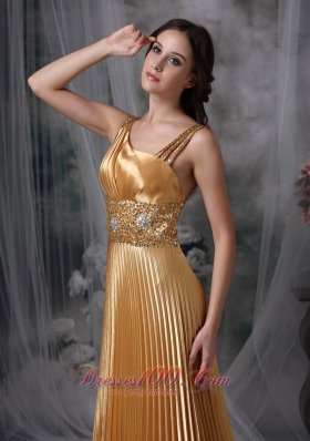 Gold Pleats Celebrity Evening Dress Beading Straps