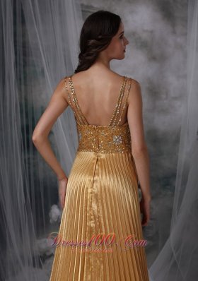 Gold Pleats Celebrity Evening Dress Beading Straps