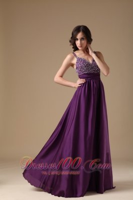 Beading Purple Straps Prom Dress For Evening Chiffon