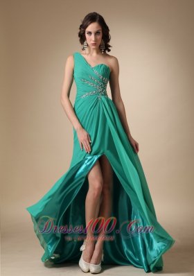 One Shoulder Slit Beading Turquoise Prom Dress
