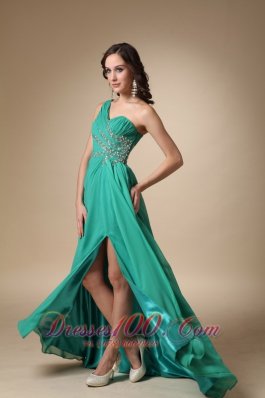 One Shoulder Slit Beading Turquoise Prom Dress