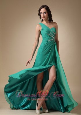 One Shoulder Slit Beading Turquoise Prom Dress