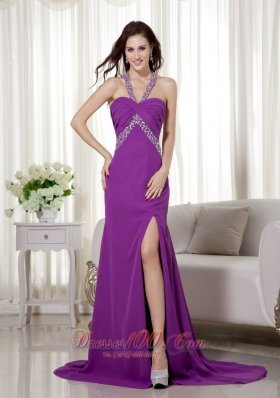 Purple Halter Beaded Ruch Prom Celebrity Dress Chiffon