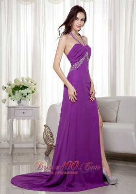 Purple Halter Beaded Ruch Prom Celebrity Dress Chiffon