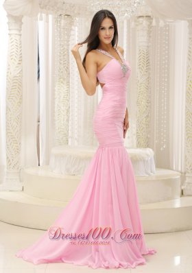 Mermaid V Neck Beaded Pink Celebrity Pageant Evening Dresses