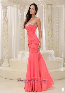 Coral Red Mermaid Prom Homecoming Dress Beaded