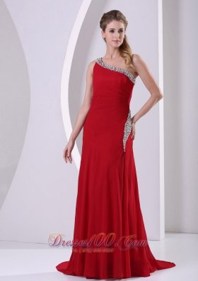 Beaded One Shoulder Wine Red High Slit Prom Evening Dress