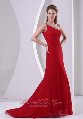 Beaded One Shoulder Wine Red High Slit Prom Evening Dress